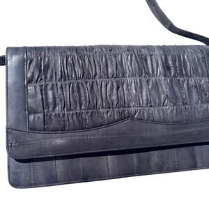 Vintage Genuine Eel Skin Ruched Envelope Clutch Handbag Gray Convertible Strap